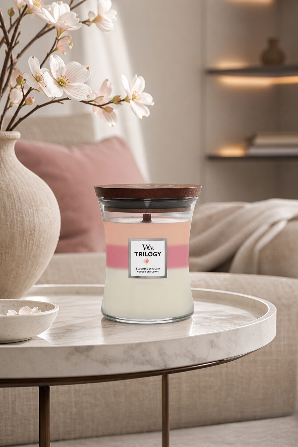 WoodWick Trilogy Kerze mit Deckel auf einem Wohnzimmertisch