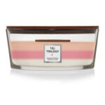 Frontalansicht der WoodWick Trilogy Kerze Blooming Orchard im Glas