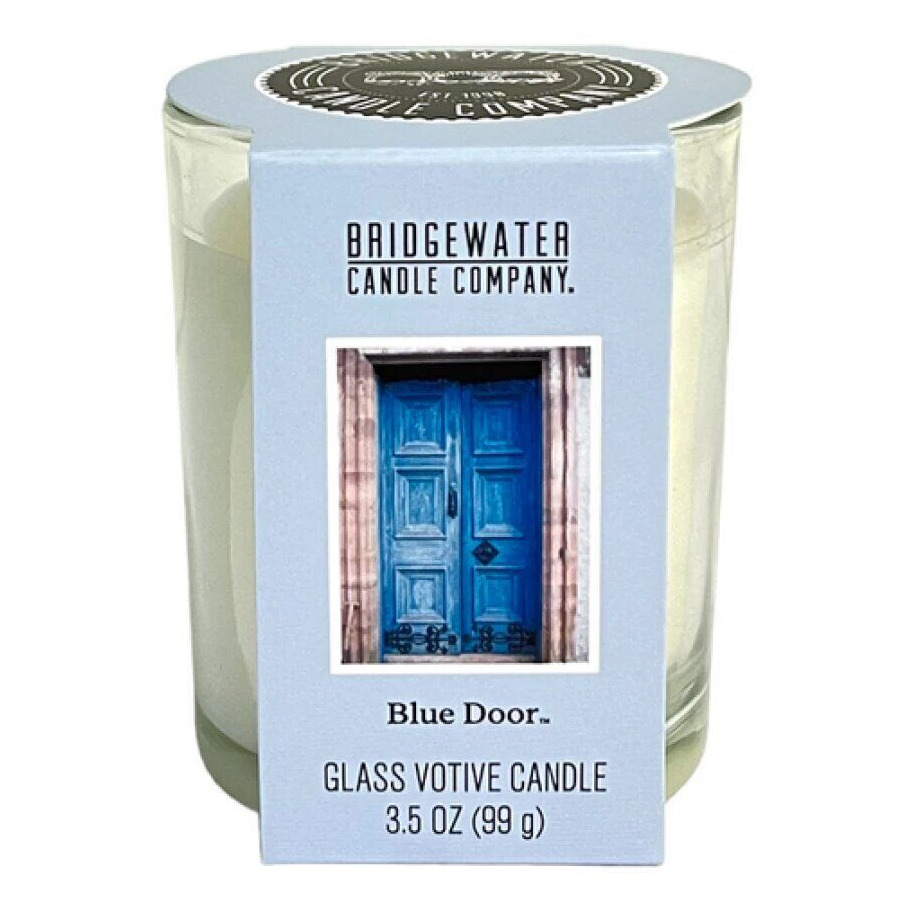 Blue Door Votivkerze 99 g Glasvotivkerze Blue Door mit lesbarem Etikett und Mengenangabe 99 g