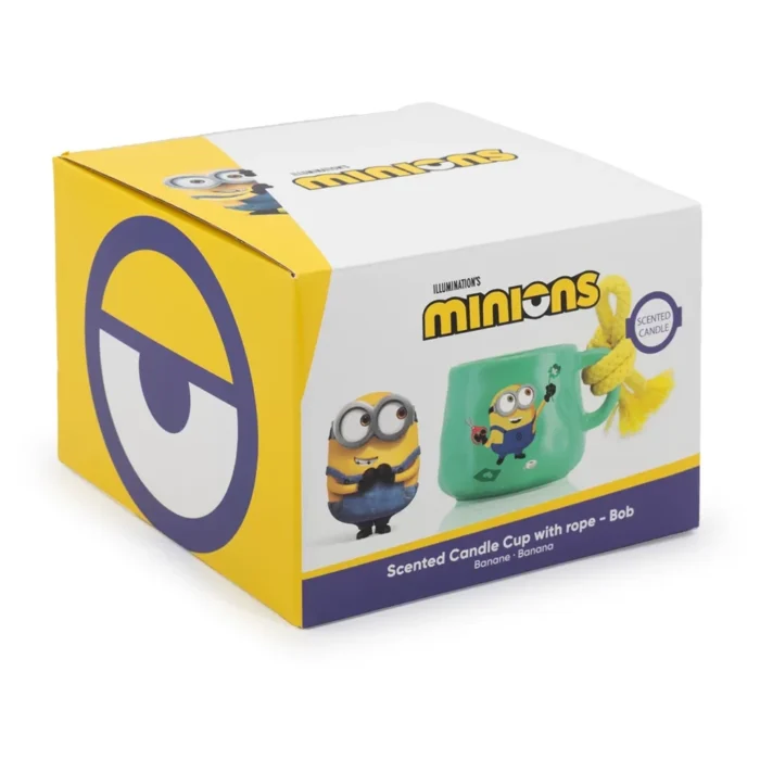 Verpackung der Minions Duftkerze mit grüner Tassenkerze und Kordel