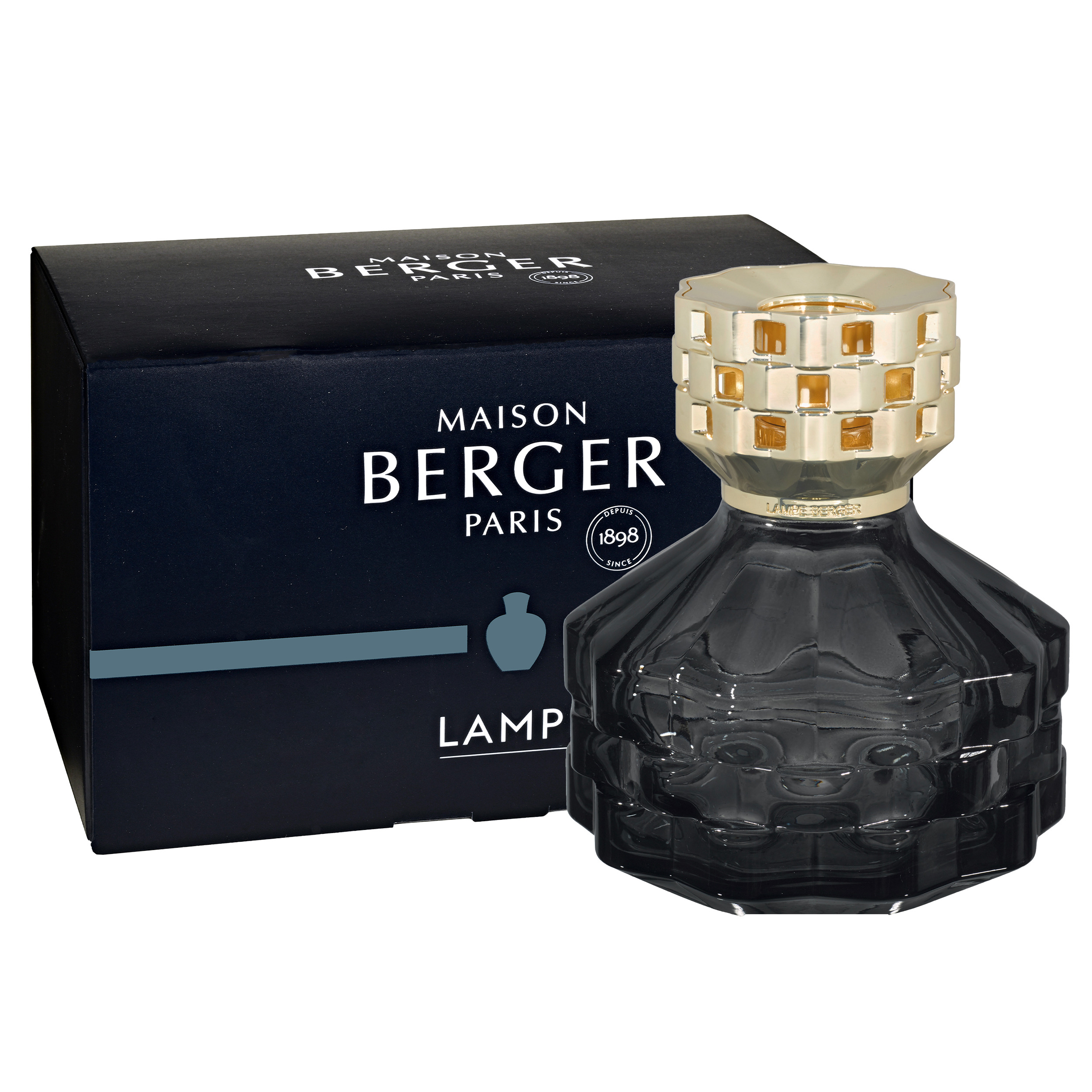 Bolero Noire Lampe mit Verpackung Schwarze Lampe mit goldfarbenem Aufsatz und Maison-Berger-Verpackung