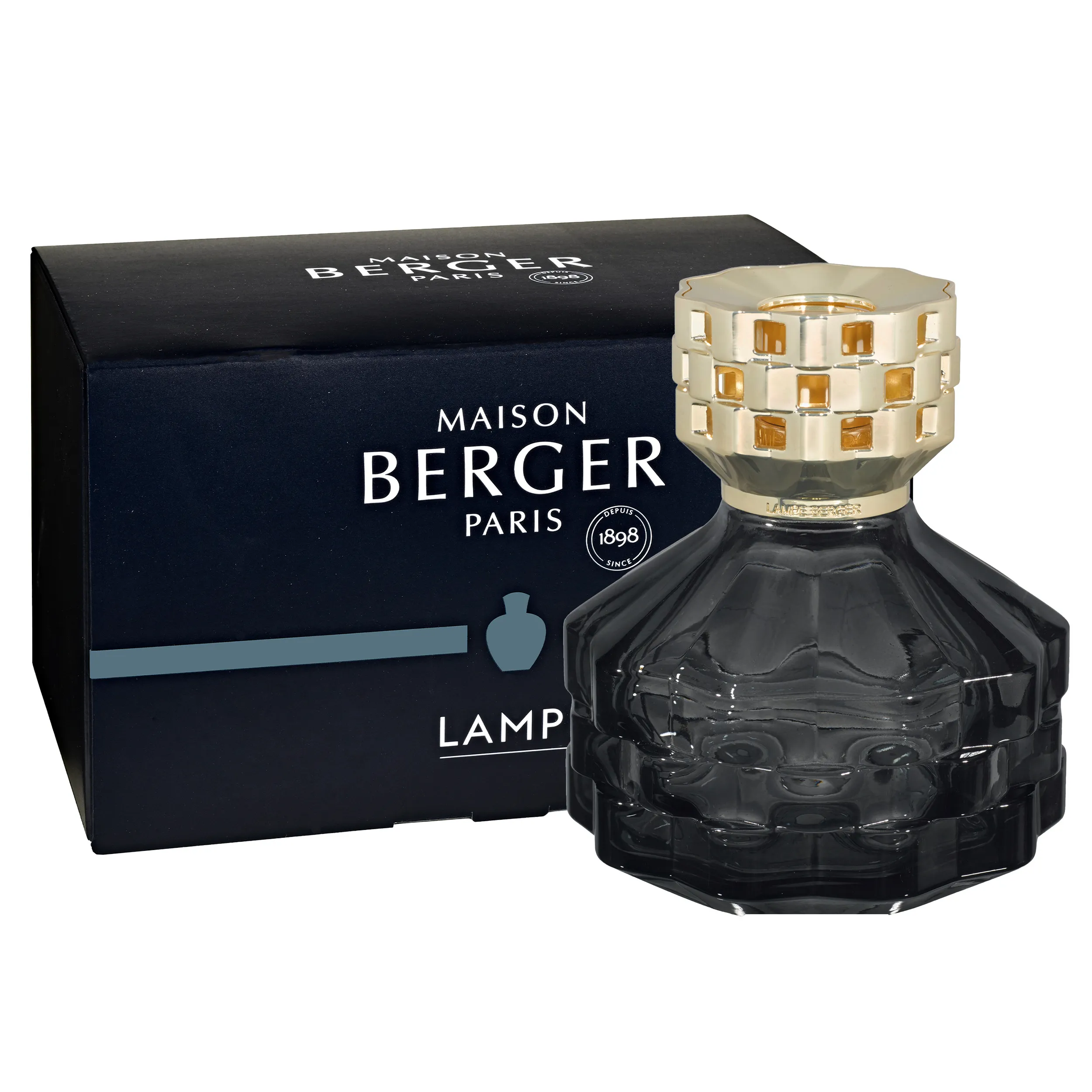 Bolero Noire Lampe mit Verpackung Schwarze Lampe mit goldfarbenem Aufsatz und Maison-Berger-Verpackung
