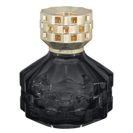 Schwarze Maison Berger Lampe mit gemustertem goldfarbenem Aufsatz