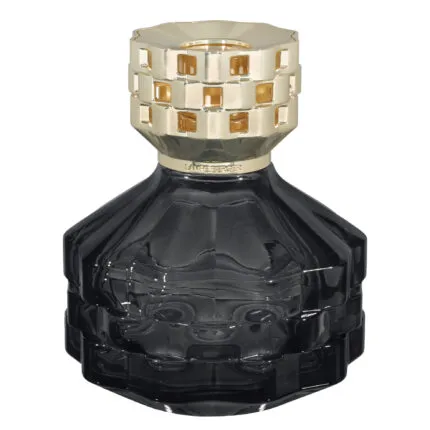 Schwarze Maison Berger Lampe mit gemustertem goldfarbenem Aufsatz