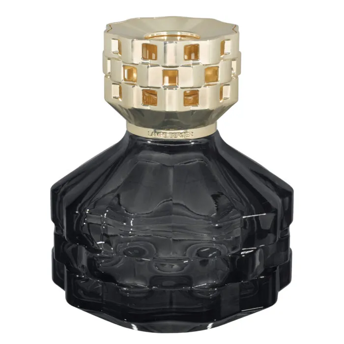 Schwarze Maison Berger Lampe mit gemustertem goldfarbenem Aufsatz