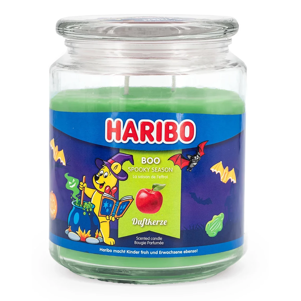 Haribo Boo Kerze frontal Frontansicht der grünen Haribo Boo Duftkerze mit Halloween-Etikett