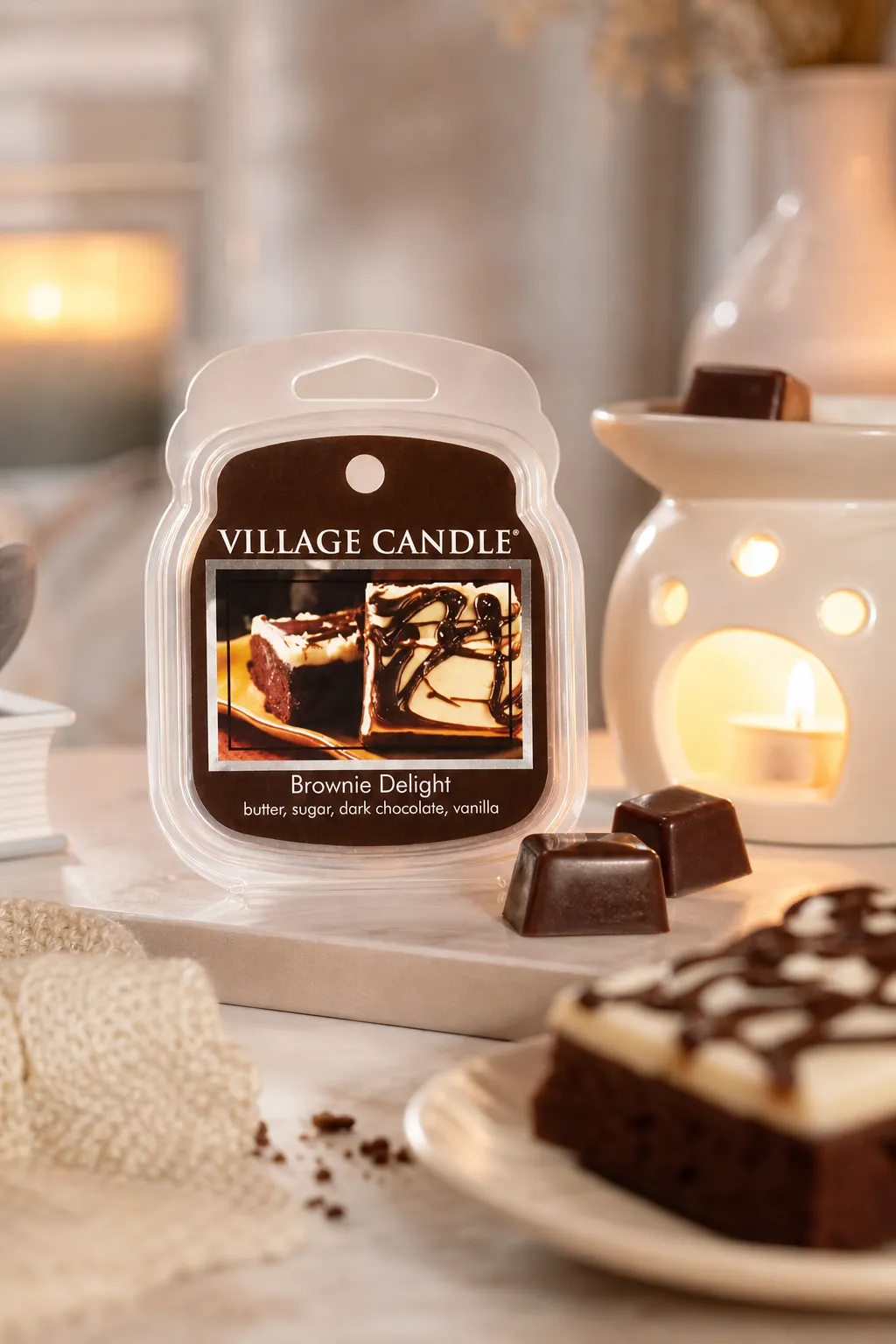 Village Candle Brownie Delight Packung neben Schokolade und brennenden Kerzen