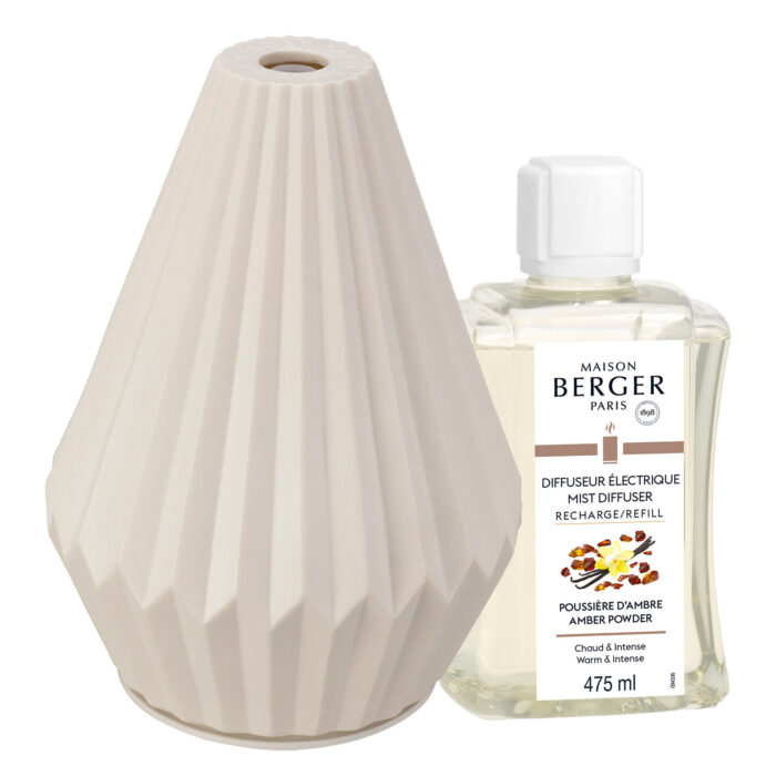 Elektrischer Aroma-Diffuser und Nachfüllflasche mit lesbarem Amber-Powder-Etikett