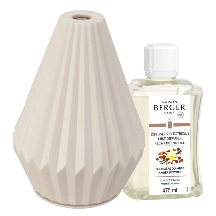 Elektrischer Aroma-Diffuser und Nachfüllflasche mit lesbarem Amber-Powder-Etikett