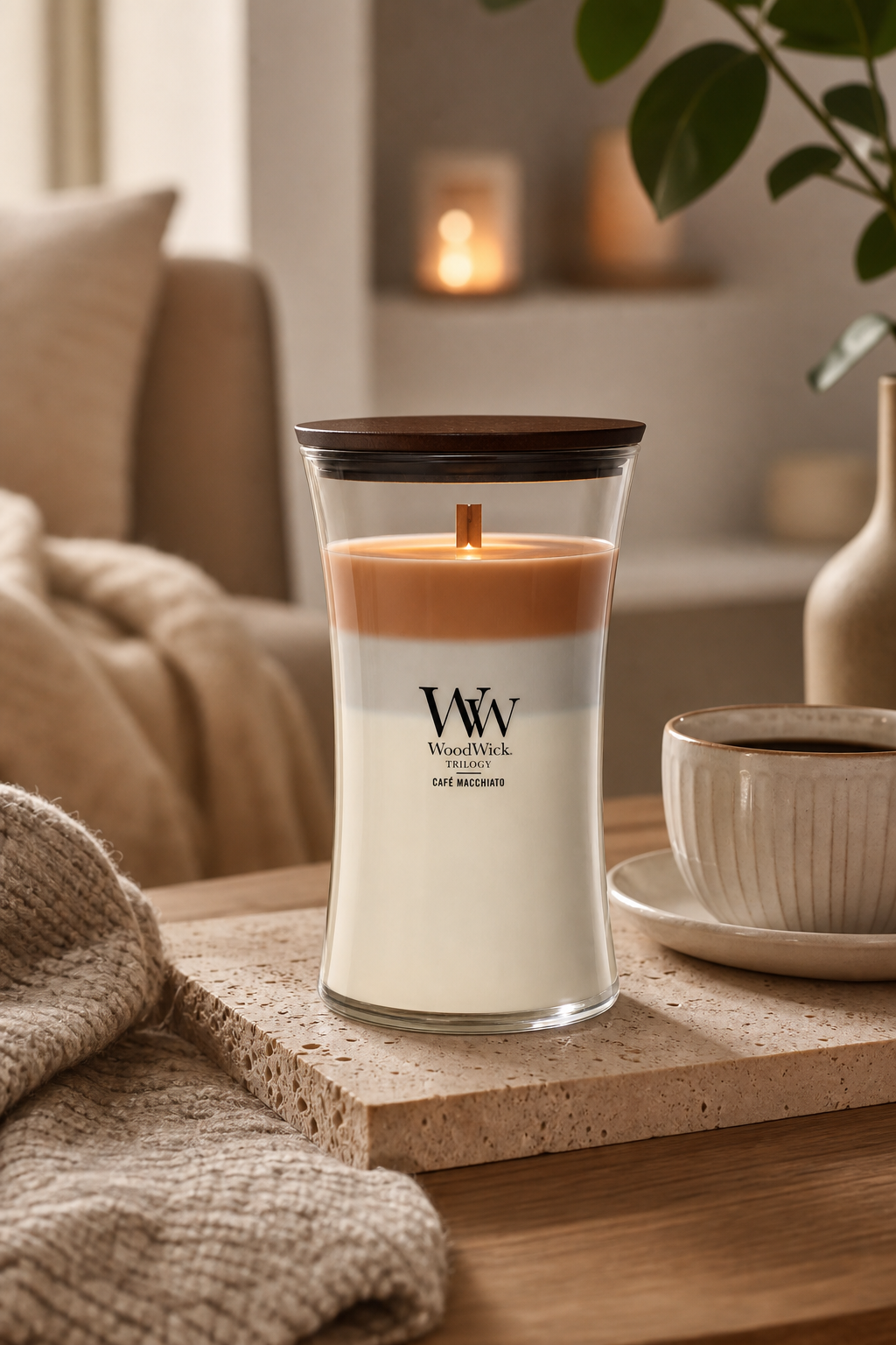 WoodWick Café Macchiato Kerze mit Deckel neben einer Tasse auf einem Beistelltisch