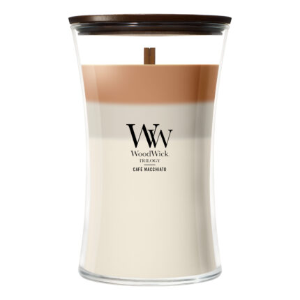 WoodWick Café Macchiato Kerze im Glas mit Deckel und sichtbarem Holzdocht