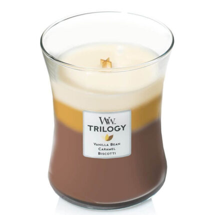 WoodWick Trilogy Kerze im Glas mit dreifarbigen Wachsschichten