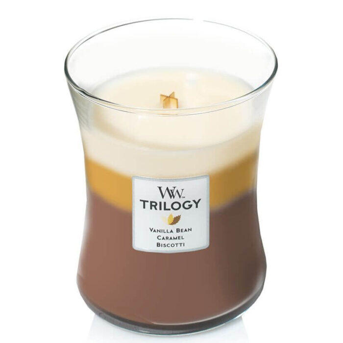 WoodWick Trilogy Kerze im Glas mit dreifarbigen Wachsschichten