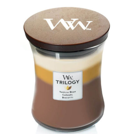 WoodWick Trilogy Kerze im Glas mit aufgelegtem Holzdeckel