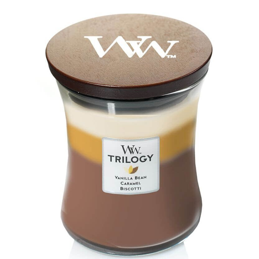 Trilogy Kerze mit Holzdeckel WoodWick Trilogy Kerze im Glas mit aufgelegtem Holzdeckel