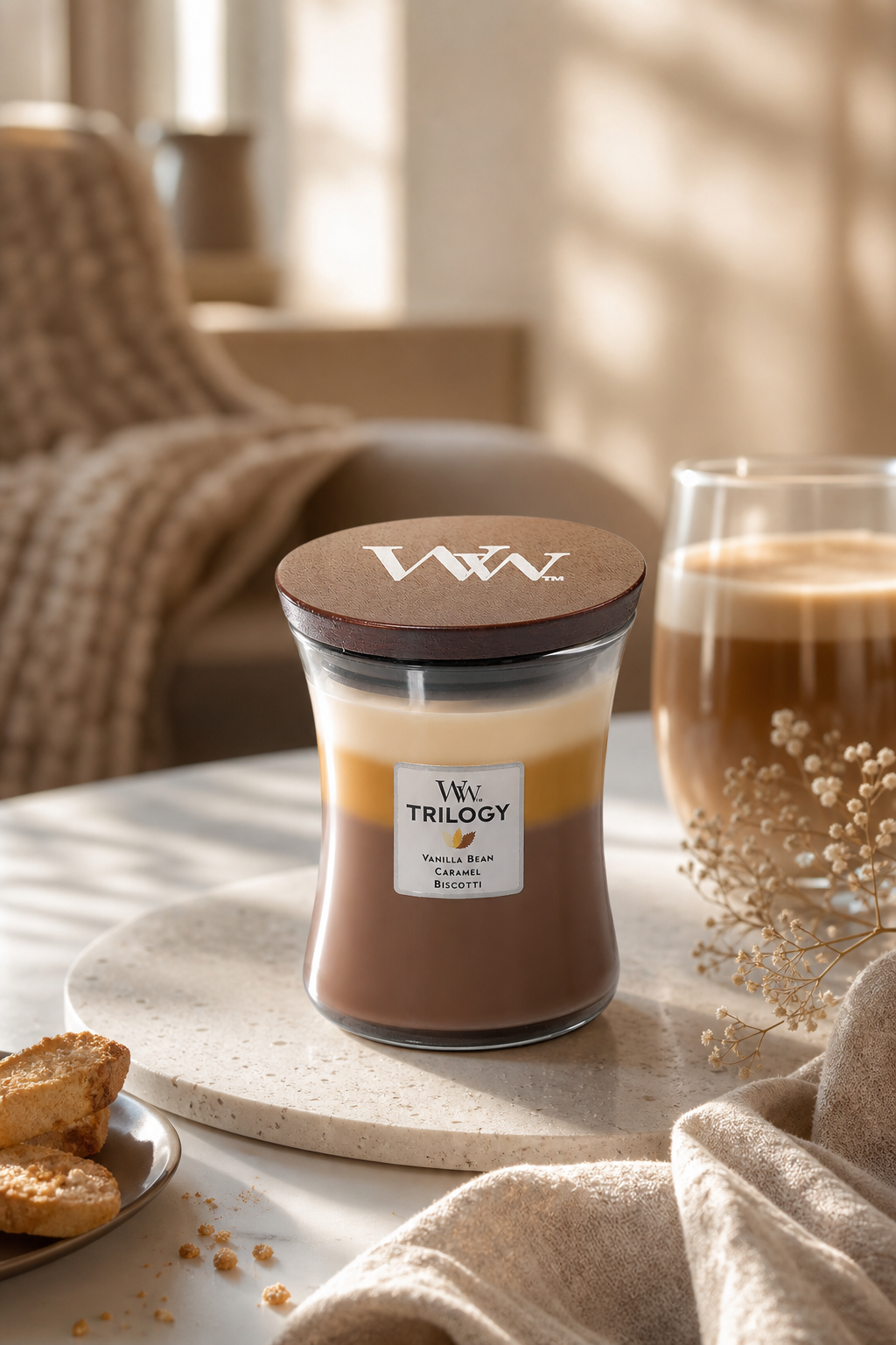 WoodWick Trilogy Kerze mit Deckel steht auf einem Tisch neben einem Getränk