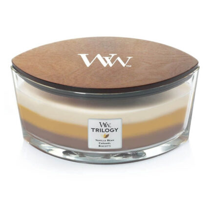 WoodWick Trilogy Kerze im Glas mit Holzdeckel und Etikett