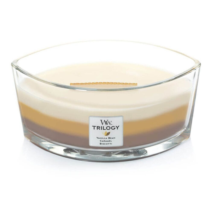 WoodWick Trilogy Kerze im Glas ohne Deckel mit sichtbarem Docht