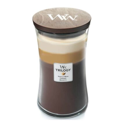 WoodWick Trilogy Kerze im Glas mit Holzdeckel und drei Wachsschichten