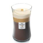 WoodWick Trilogy Kerze im Glas ohne Deckel mit sichtbarem Holzdocht