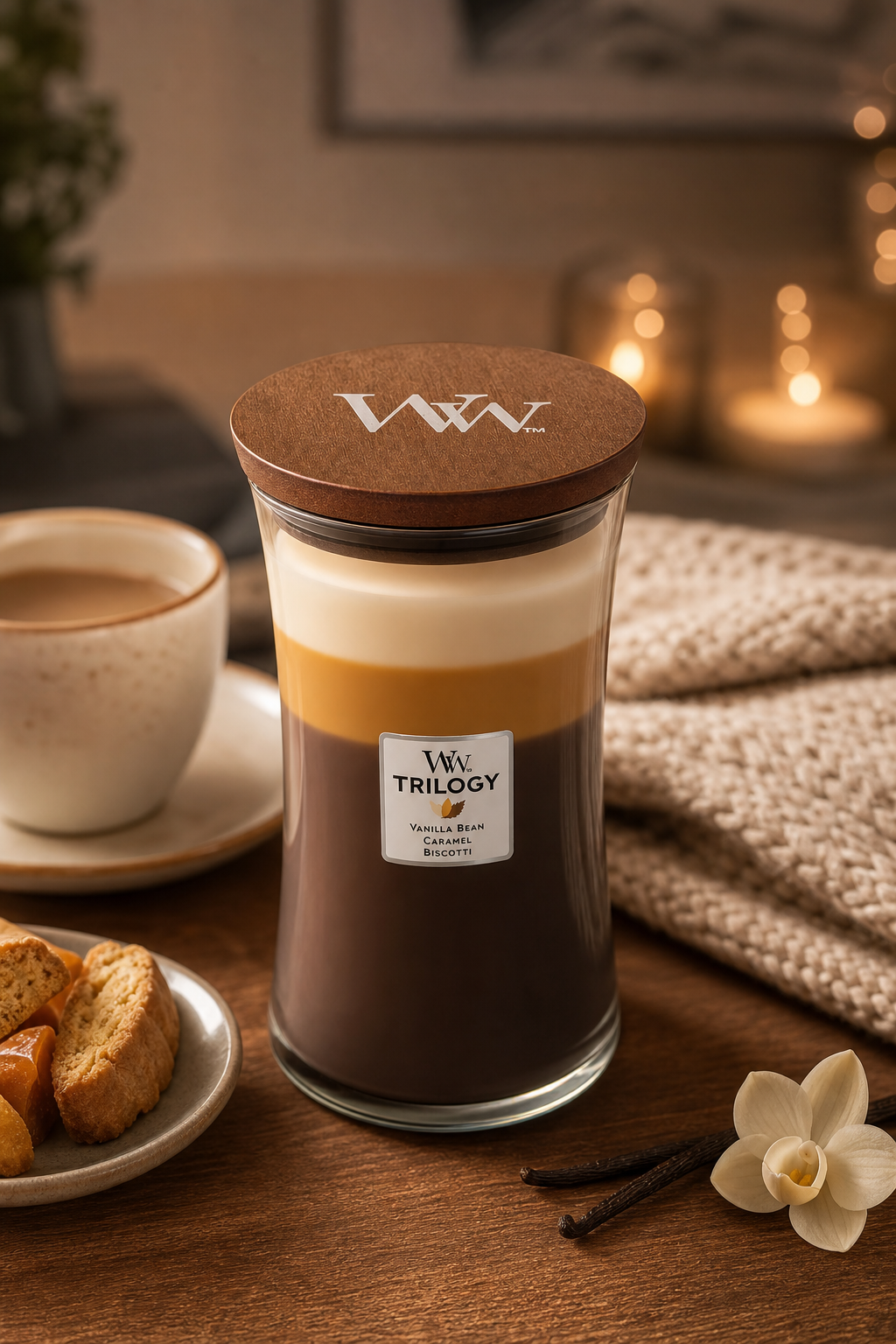 WoodWick Trilogy Kerze mit Deckel steht neben Tasse und Gebäck