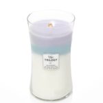 WoodWick Trilogy Kerze im Glas mit sichtbarem Holzdocht