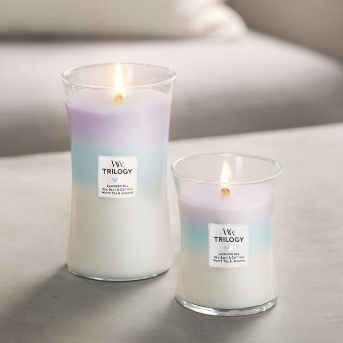 Zwei brennende WoodWick Trilogy Kerzen im Glas