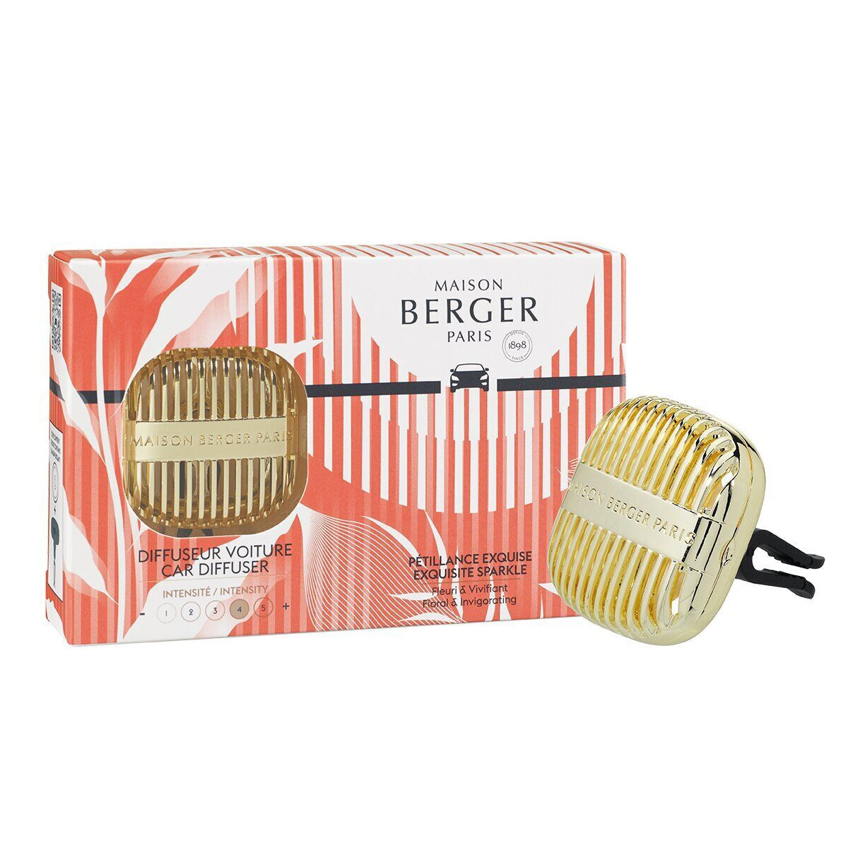 Autoduft-Diffusor und Verpackung Goldfarbener Autoduft-Diffusor mit schwarzer Befestigung neben Verpackung