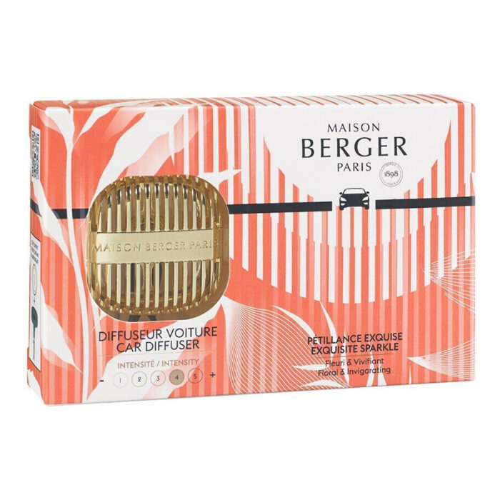 Verpackung und goldfarbener Autoduft-Diffusor im Fahrzeug