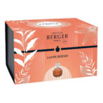 Orangefarbene Lampe Berger steht auf einem Regal neben einer Tischlampe und Büchern