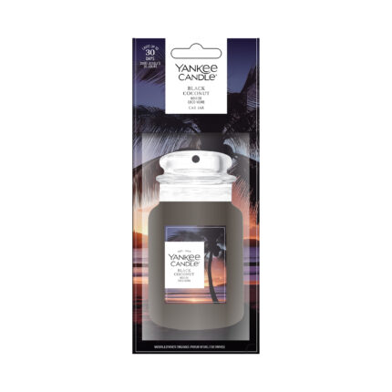 Verpackter Yankee Candle Black Coconut Car Jar mit Palmen- und Sonnenuntergangsmotiv