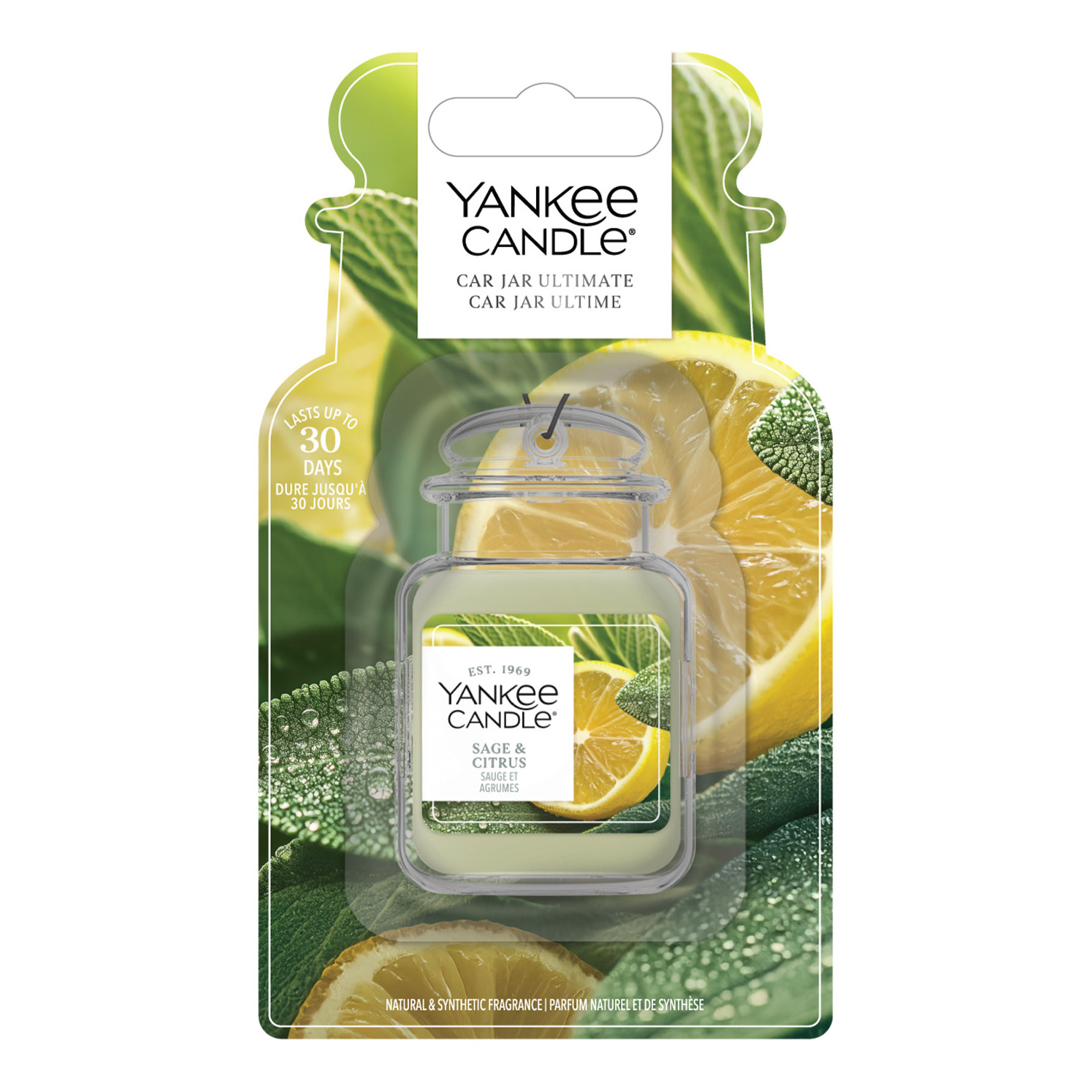 Sage & Citrus Car Jar Verpackung Verpackter Yankee Candle Car Jar Ultimate Sage & Citrus mit Zitronenmotiv