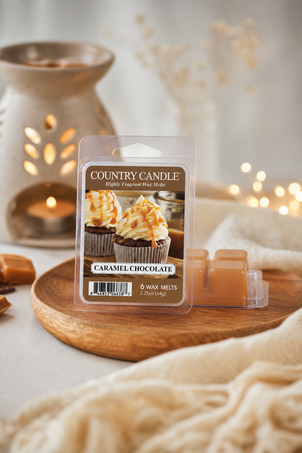 Caramel Chocolate Wax Melts 64g in einer stimmungsvollen Anwendungsszene