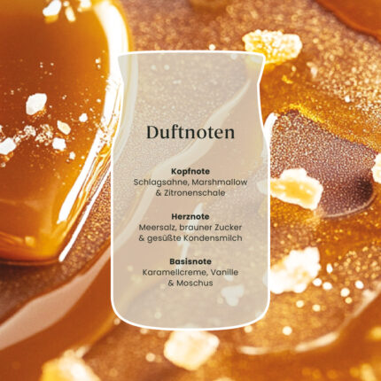 Grafik mit Duftnoten von Caramel Kiss vor karamellfarbenem Hintergrund