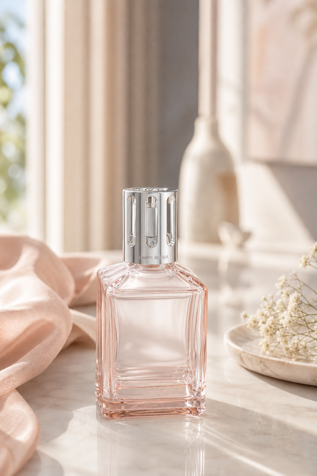 Carrée Nude Lampe auf Tisch neben Textilien und dekorativer Vase