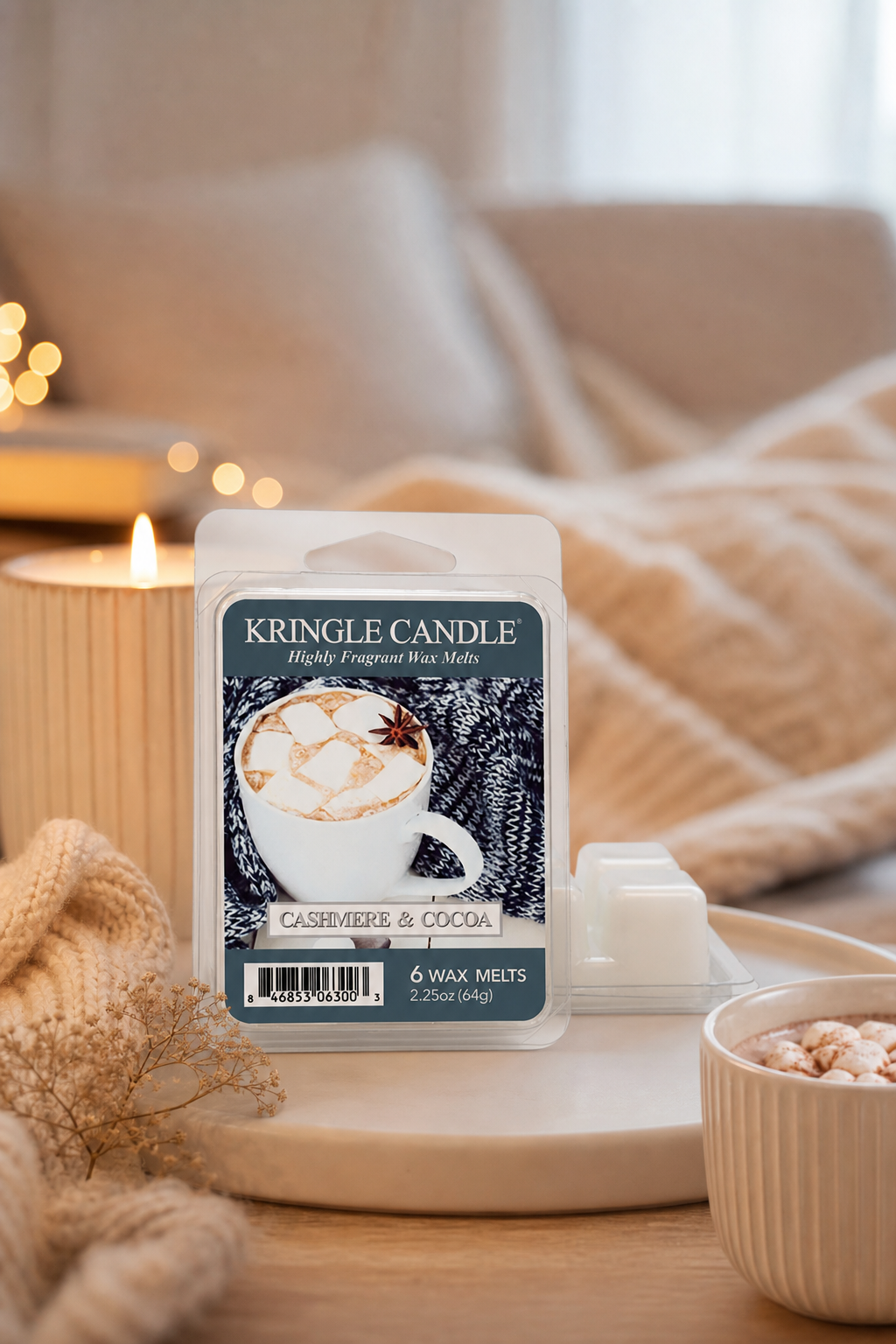 Cashmere & Cocoa Wax Melts 64 g in einer stimmungsvollen Anwendungsszene