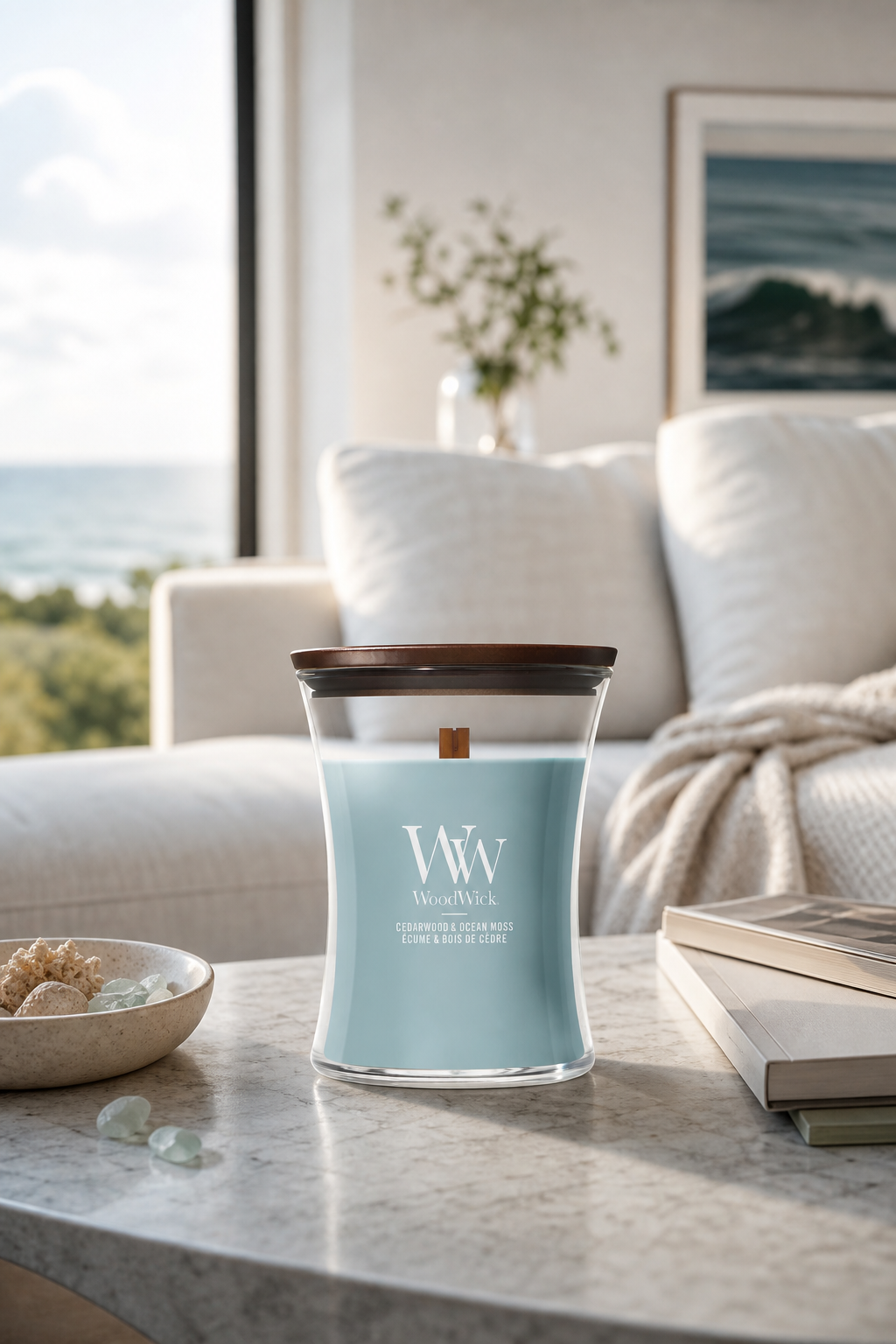 WoodWick Cedarwood & Ocean Moss Kerze auf einem Wohnzimmertisch
