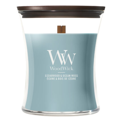 WoodWick Kerze Cedarwood & Ocean Moss mit Deckel und Holzdocht