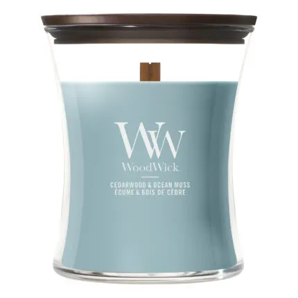 WoodWick Kerze Cedarwood & Ocean Moss mit Deckel und Holzdocht