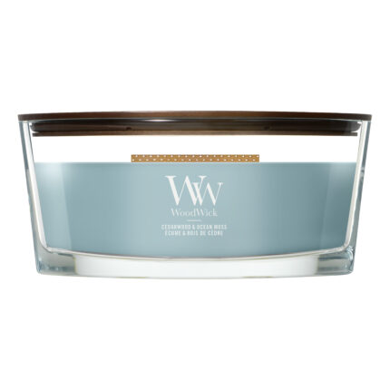 WoodWick Duftkerze Cedarwood & Ocean Moss im transparenten Glasgefäß