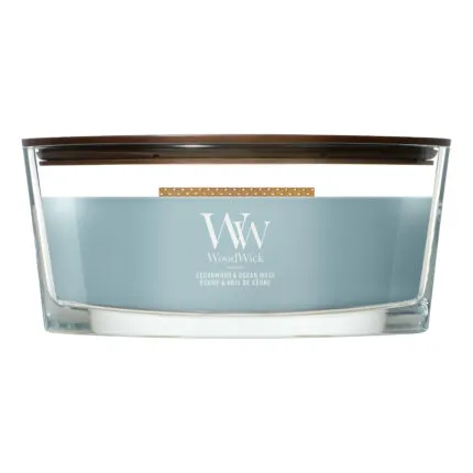 WoodWick Duftkerze Cedarwood & Ocean Moss im transparenten Glasgefäß