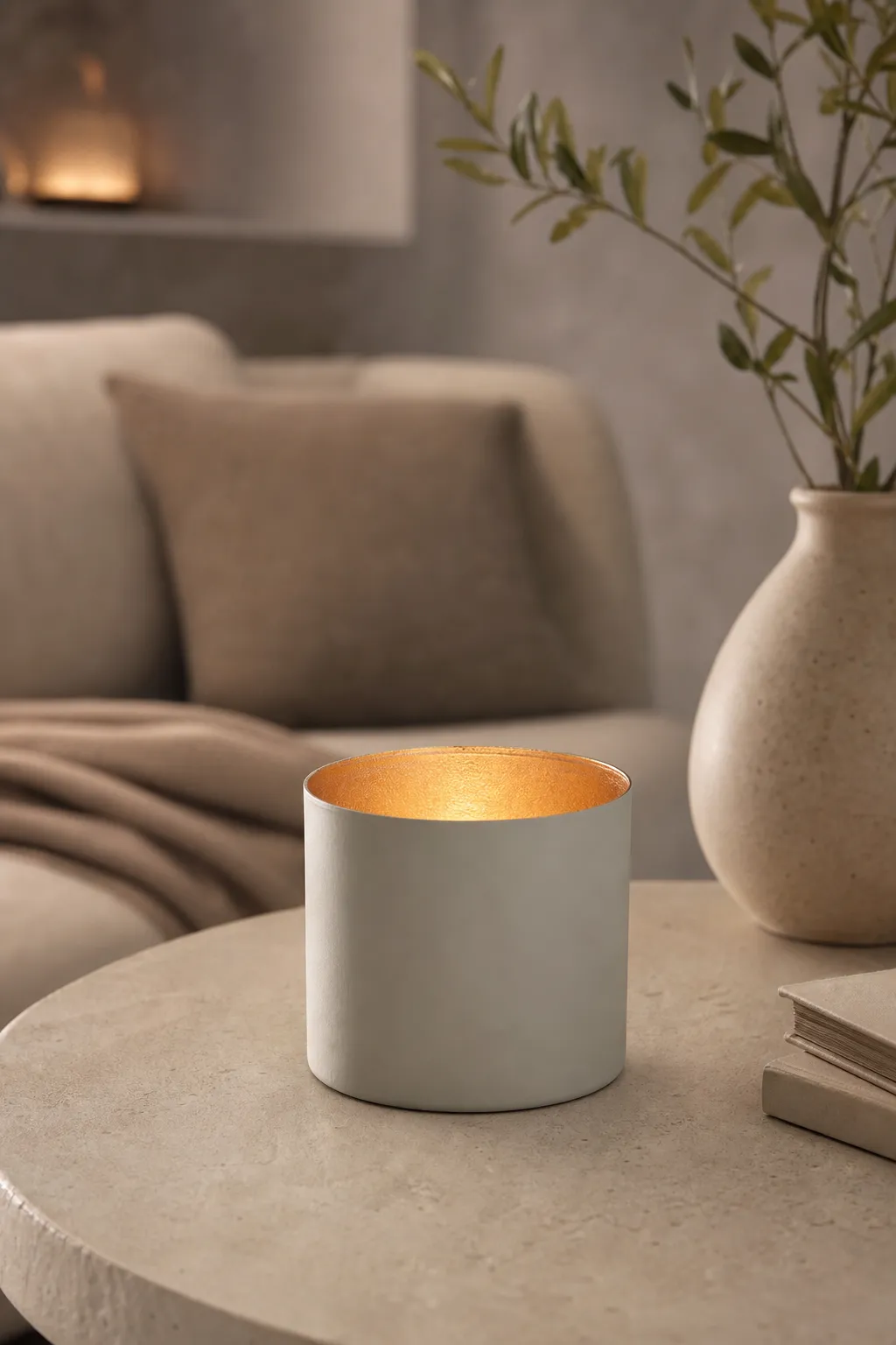 Chennai Windlicht L cool grey/gold in einer stimmungsvollen Anwendungsszene