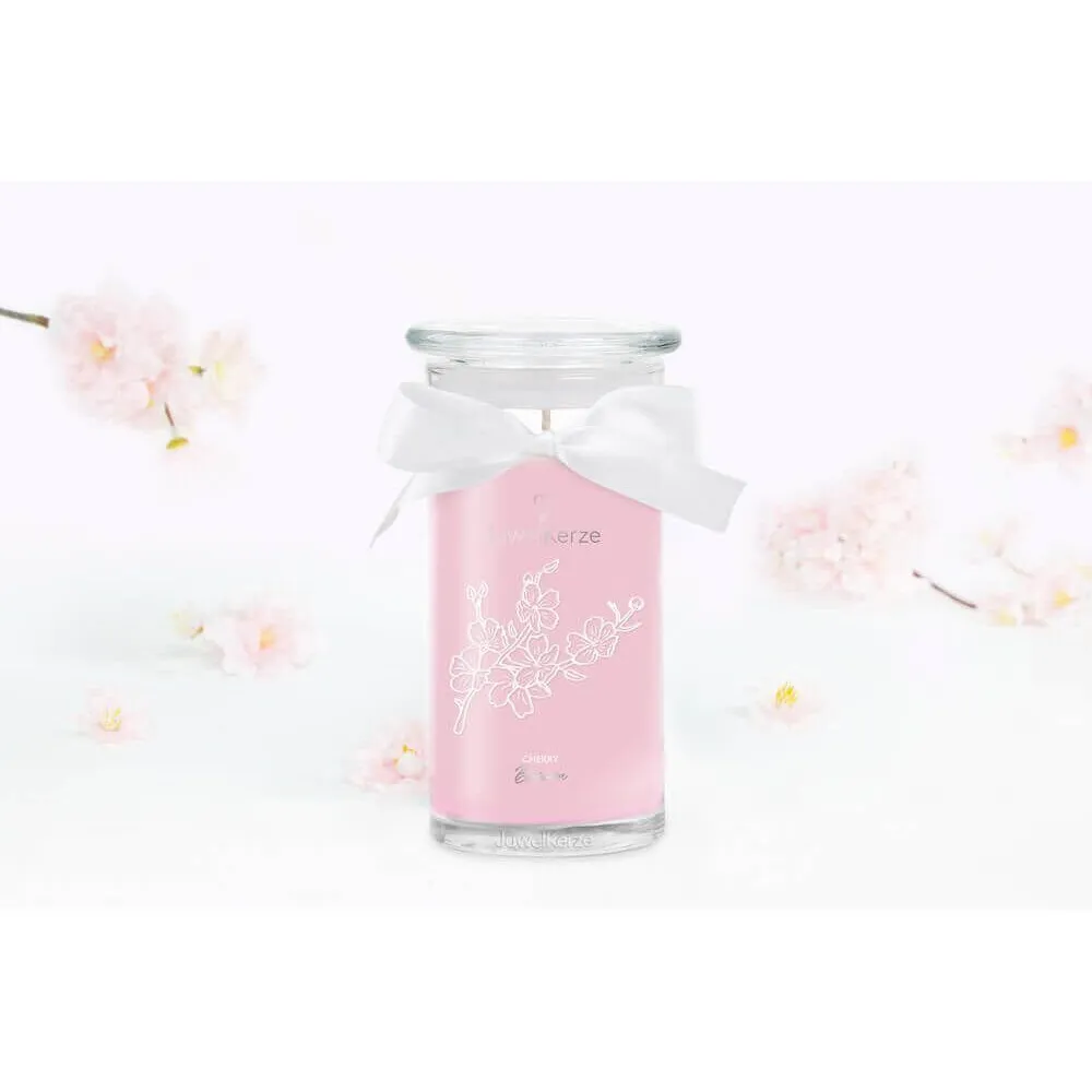 Cherry Blossom Kerze mit Schleife Rosa Kerze im Glas mit weißer Schleife und Kirschblütenmotiv