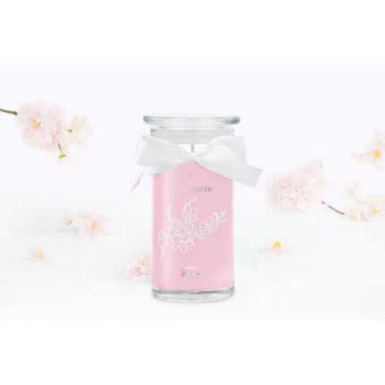 Rosa JuwelKerze im Glas mit weißer Schleife und Kirschblütenmotiv