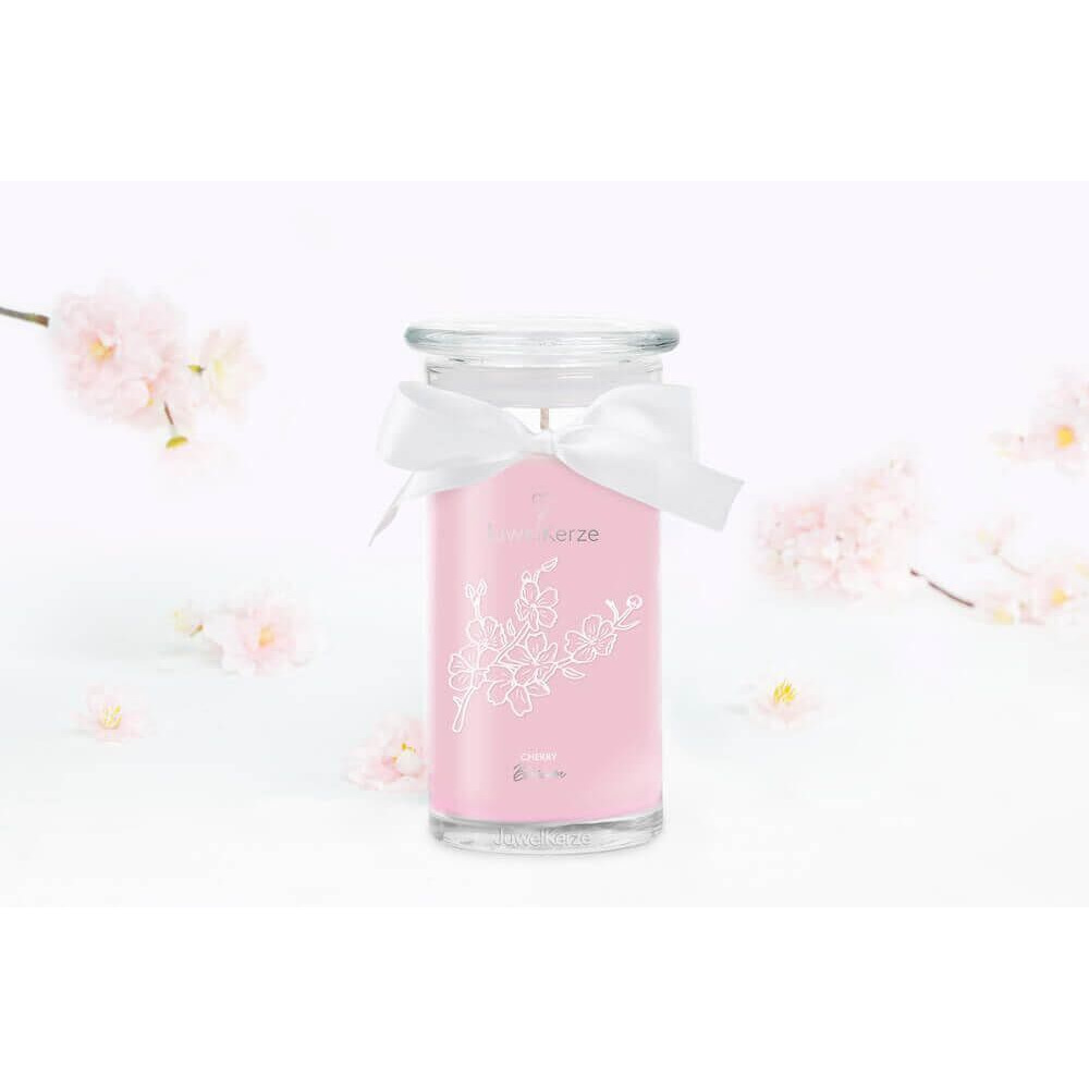 Cherry Blossom Kerze im Glas Rosa JuwelKerze im Glas mit weißer Schleife und Kirschblütenmotiv