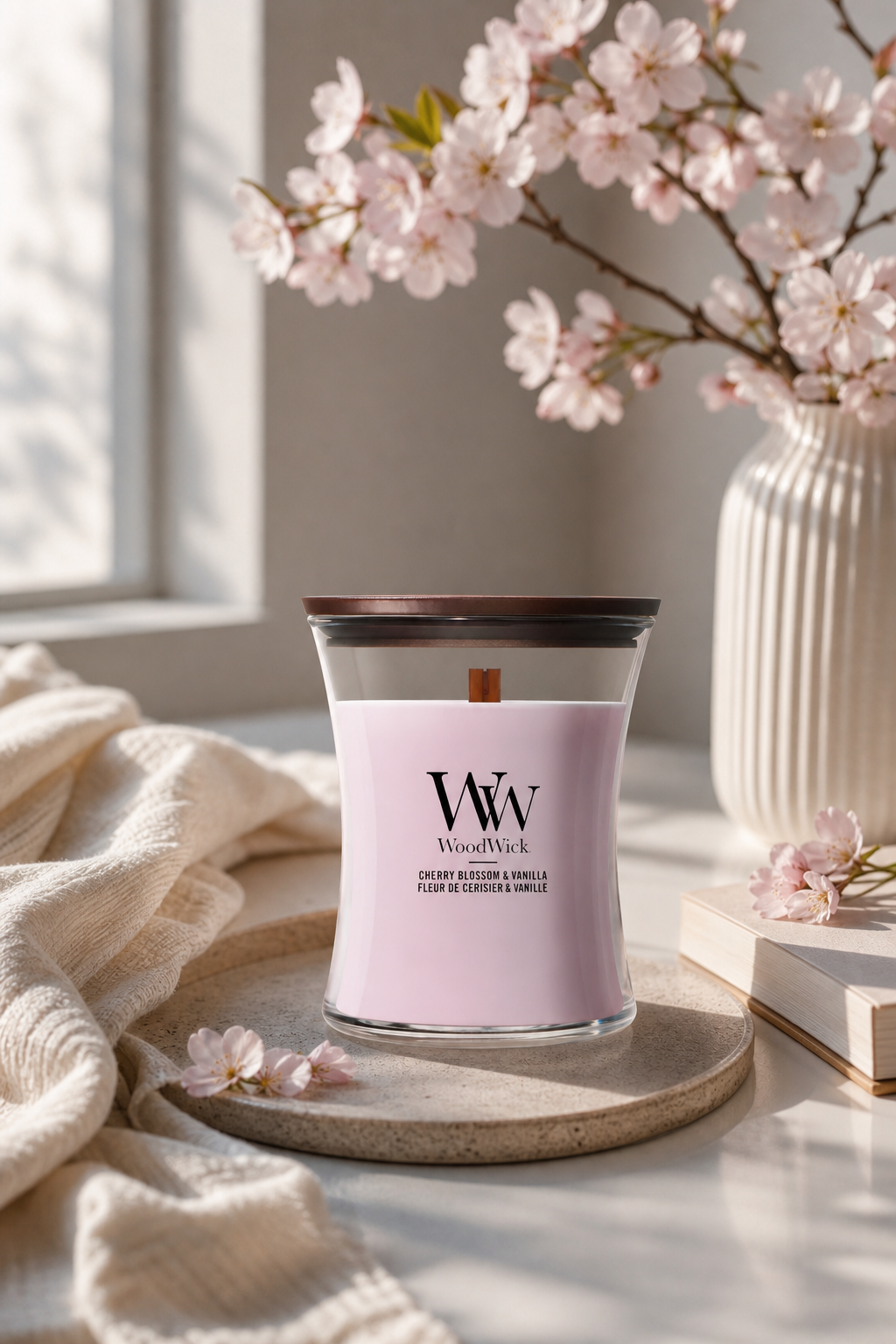 WoodWick Duftkerze Cherry Blossom & Vanilla auf einem Tisch neben Kirschblüten