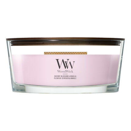 Vorderansicht der WoodWick Kerze Cherry Blossom & Vanilla im Glas