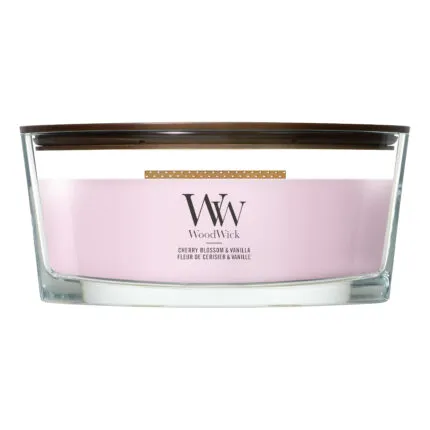 Vorderansicht der WoodWick Kerze Cherry Blossom & Vanilla im Glas