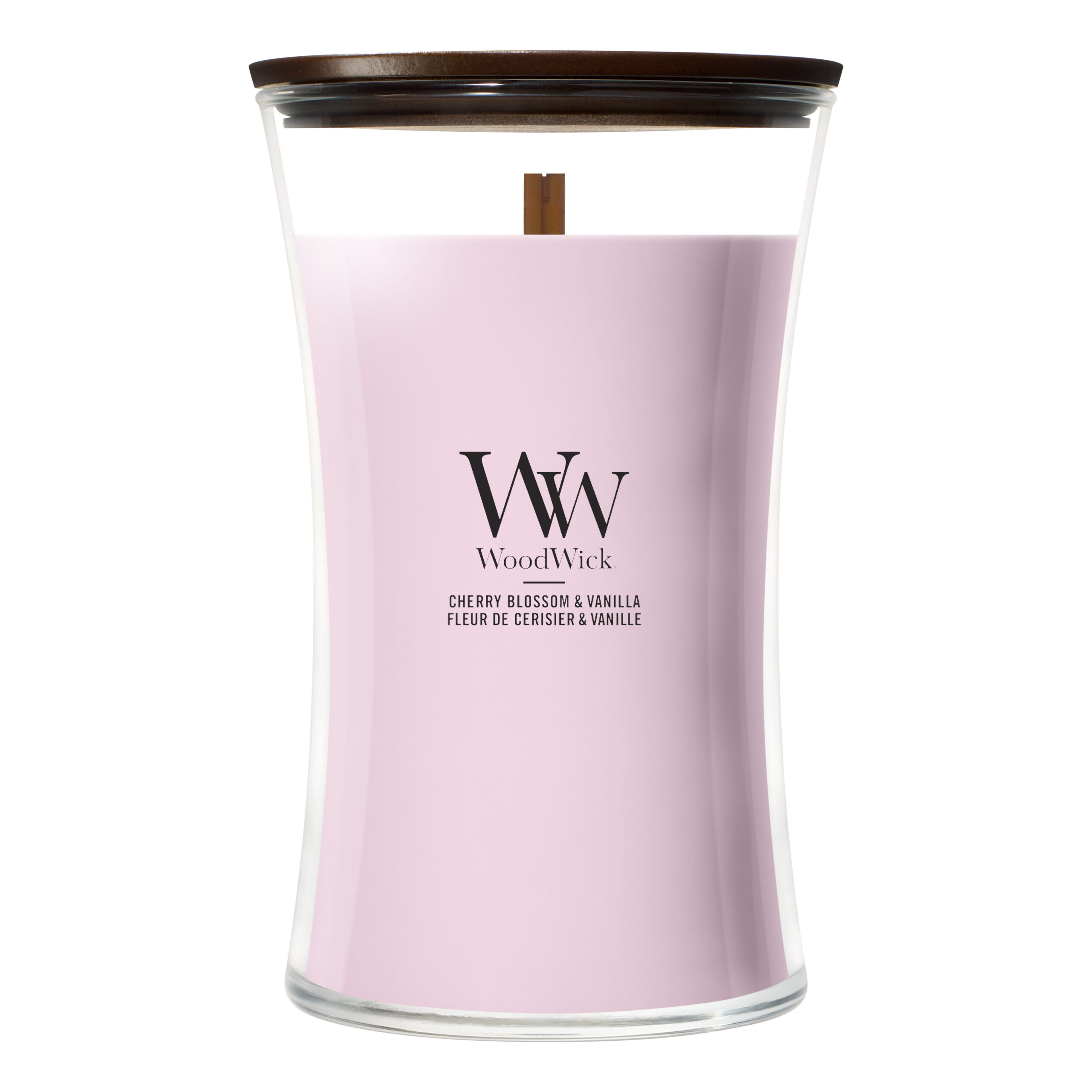 WoodWick Duftkerze von vorne WoodWick Cherry Blossom & Vanilla Kerze mit sichtbarem Docht und Deckel