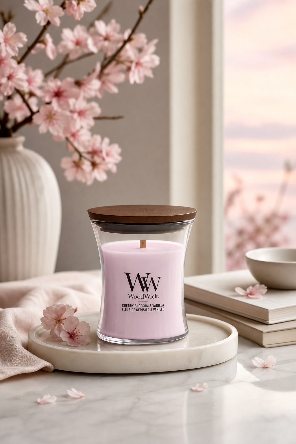 WoodWick Cherry Blossom & Vanilla Kerze auf Tablett neben Kirschblüten
